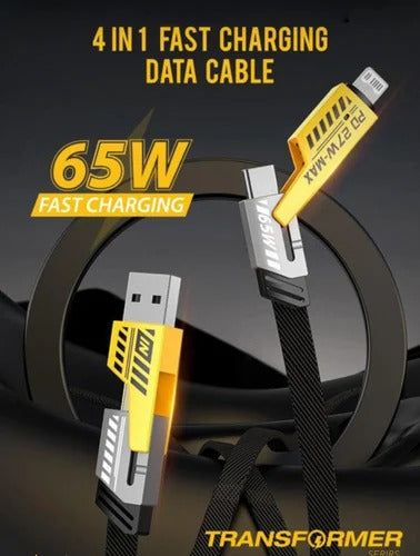 4-in-1 65W Fast Charging Braided Cable – Universal Multi Fast Charger Cord (Type-C to Type-C 65W, USB to Lightning 27W Max) for iPhone, iPad, Android & Laptops