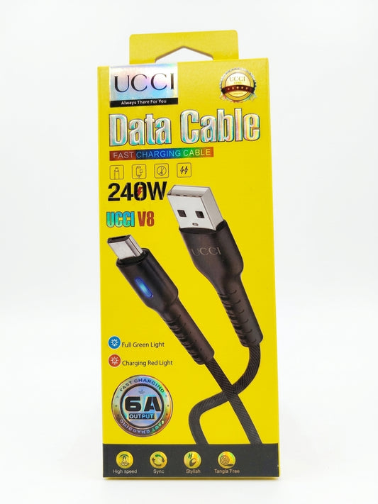 UCCI V8 240W 6A Fast Charging USB to Type-C Data Cable with LED Indicator Light – Tangle-Free Braided High-Speed Charger Cord for Android Smartphones & Devices