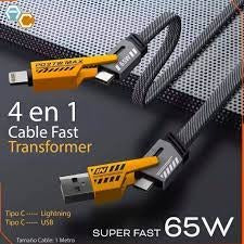 4-in-1 65W Fast Charging Braided Cable – Universal Multi Fast Charger Cord (Type-C to Type-C 65W, USB to Lightning 27W Max) for iPhone, iPad, Android & Laptops