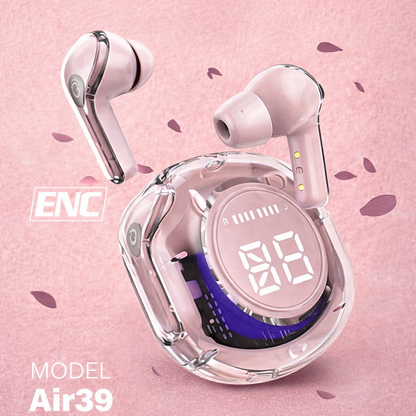 Earbuds Headset Wireless Stereo Sound With ENC Mode Model Air39 Transparent Airbuds With Silicon Cover Bluetooth Version 5.3