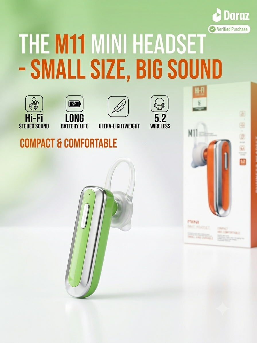 S.R M11 Single Ear Wireless Bluetooth Headset – Light Green Hi-Fi Stereo Deep Bass with Elastic Ear Pad and Long Battery Life