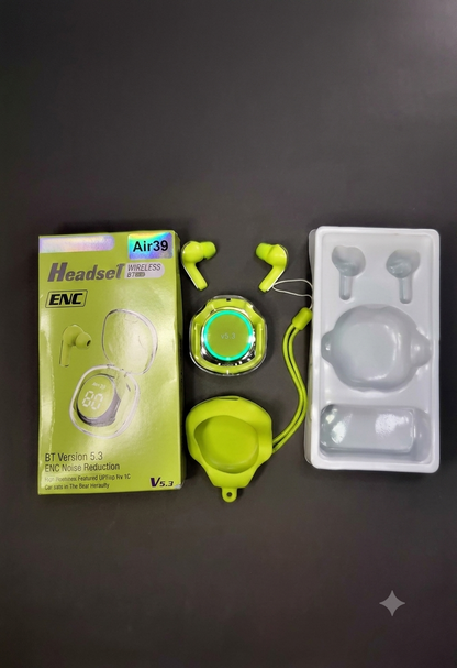 Earbuds Headset Wireless Stereo Sound With ENC Mode Model Air39 Transparent Airbuds With Silicon Cover Bluetooth Version 5.3
