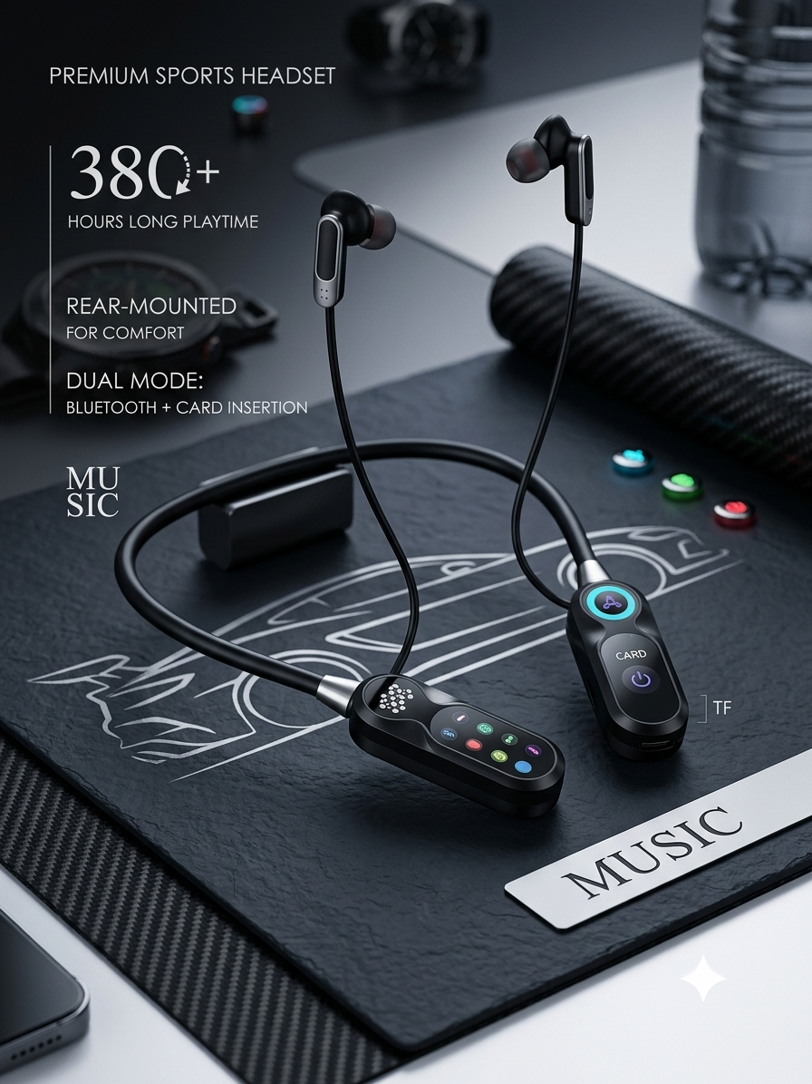 Neckband Wireless Headphones with 36-Hour Long Playtime & SD Card Support – Bluetooth Rear-Mounted Earphones