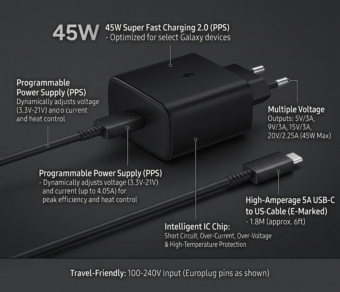 45W Fast Charging PD Adapter Type C Power Charger Plug Compatible For S24 S23 S22 Ultra Note 20 And Type-C Mobile Phones