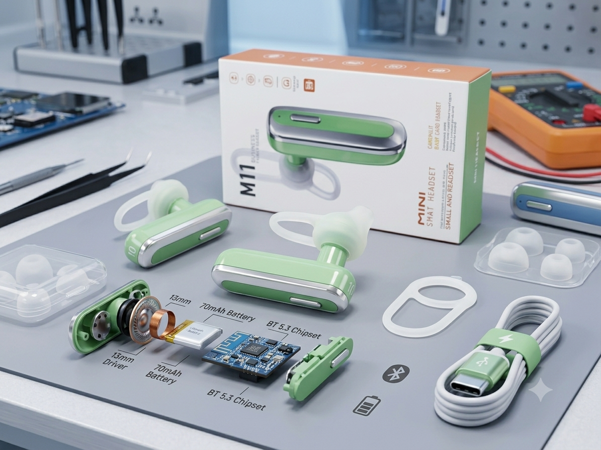 S.R M11 Single Ear Wireless Bluetooth Headset – Light Green Hi-Fi Stereo Deep Bass with Elastic Ear Pad and Long Battery Life
