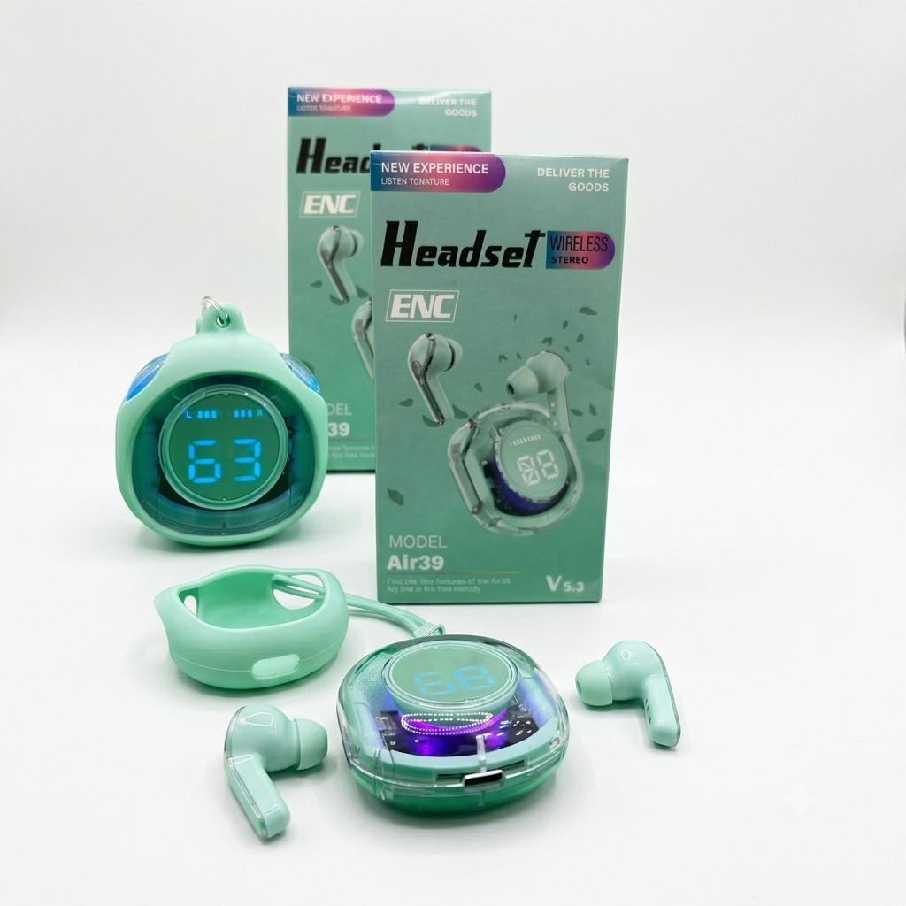 Earbuds Headset Wireless Stereo Sound With ENC Mode Model Air39 Transparent Airbuds With Silicon Cover Bluetooth Version 5.3