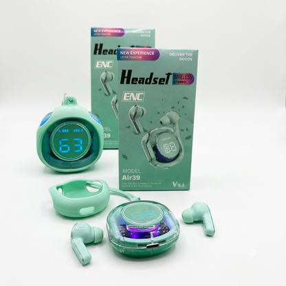 Earbuds Headset Wireless Stereo Sound With ENC Mode Model Air39 Transparent Airbuds With Silicon Cover Bluetooth Version 5.3
