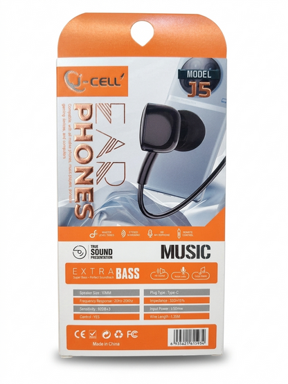 Premium Handfree Q-CELL MODEL J5 Type-C Extra Bass Earphones Super BASS Perfect Soundtrack