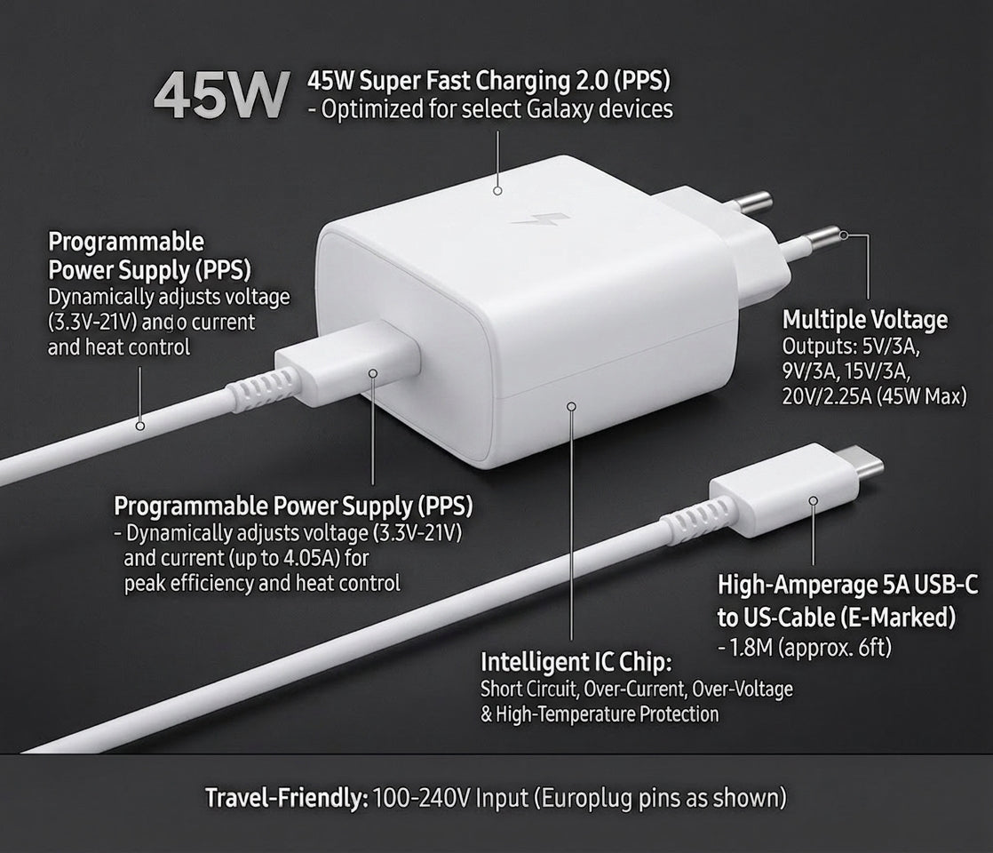 45W Fast Charging PD Adapter Type C Power Charger Plug Compatible For S24 S23 S22 Ultra Note 20 And Type-C Mobile Phones