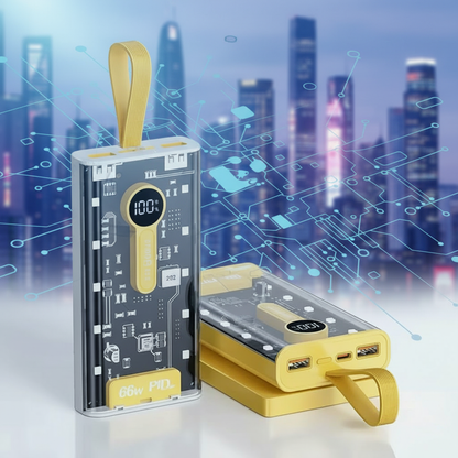 66W Super Fast Charging Power Bank - Transparent Cyberpunk Design, PD 20W Two-Way Fast Charge, Built-in Warm Ambient Light & LED Digital Display Portable Charger [DKDA]