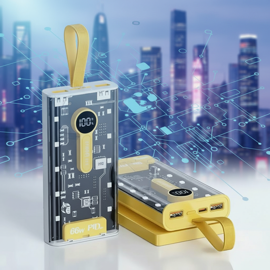 66W Super Fast Charging Power Bank - Transparent Cyberpunk Design, PD 20W Two-Way Fast Charge, Built-in Warm Ambient Light & LED Digital Display Portable Charger [DKDA]
