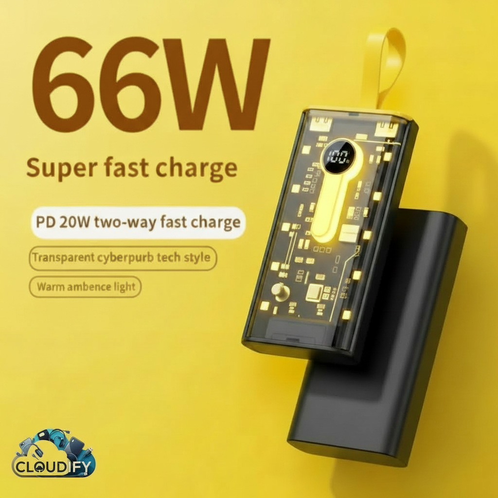 66W Super Fast Charging Power Bank - Transparent Cyberpunk Design, PD 20W Two-Way Fast Charge, Built-in Warm Ambient Light & LED Digital Display Portable Charger [DKDA]